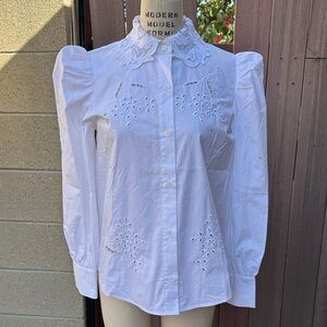 ZARA | Women’s White Dainty Embroidered Lace Puffed Long Sleeves Button Down Top